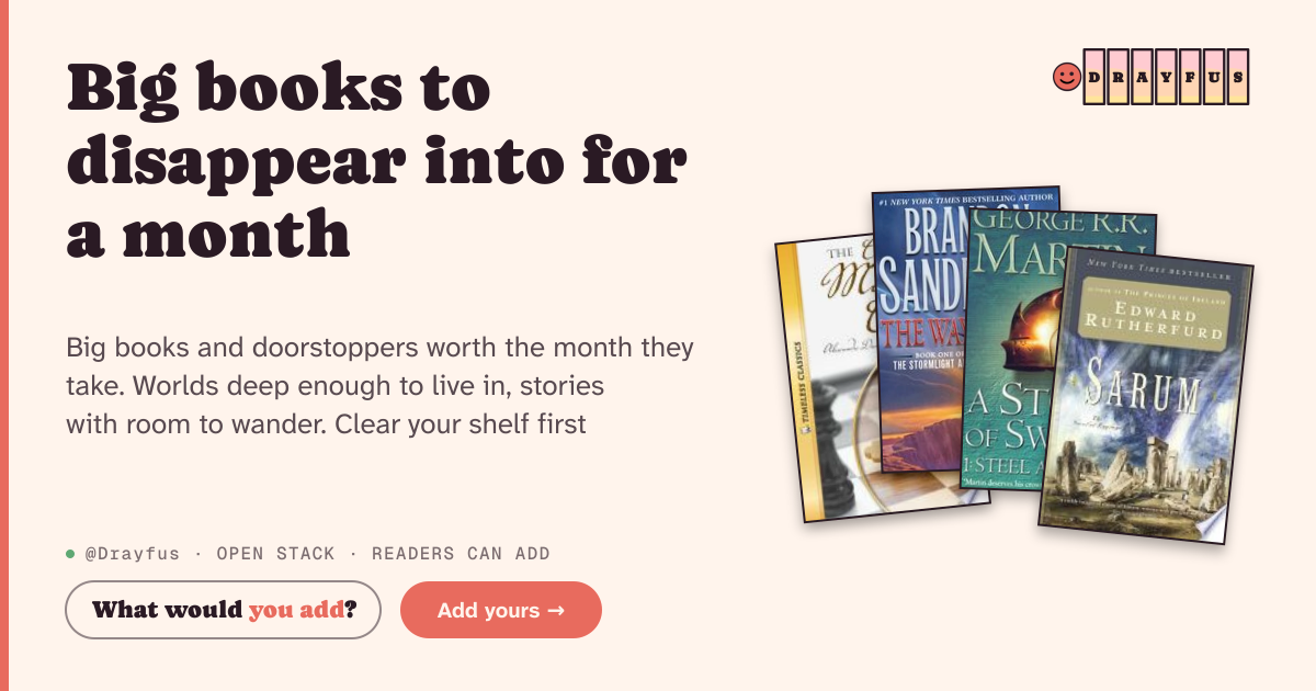 Share card preview for Big books to disappear into for a month