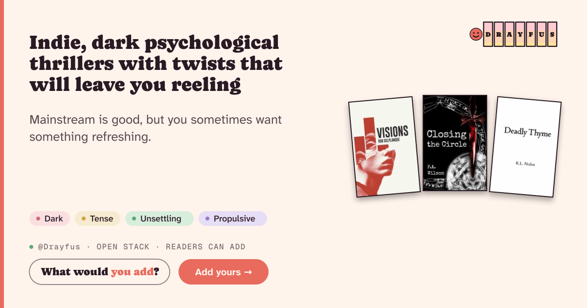 Share card preview for Indie, dark psychological thrillers with twists that will leave you reeling